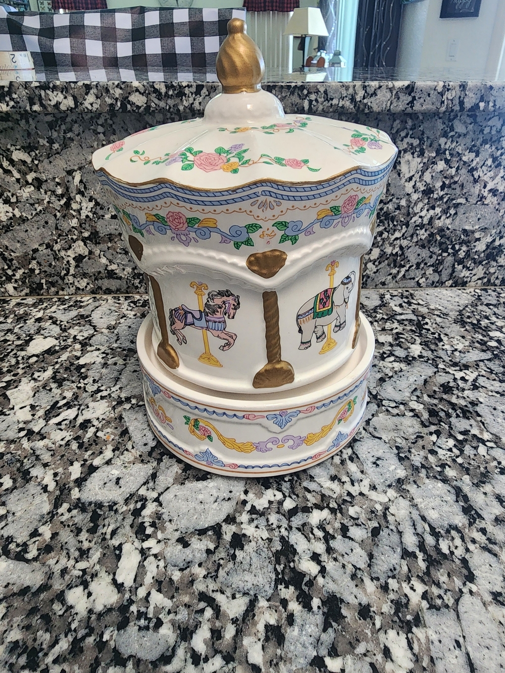 Decorative Carousel Music Box - White and Gold Porcelain